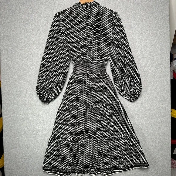 Max Studio Womens XL Black White Geometric Tiered Midi Dress Smocked Waist NEW - Picture 3 of 5